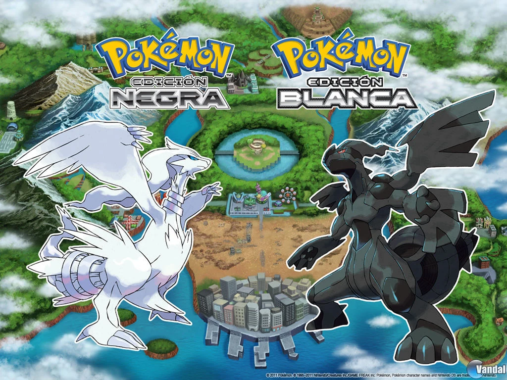 Reshiram y Zekrom con los logotipos españoles de Pokémon Edición Negra y Edición Blanca sobre el mapa de Teselia.