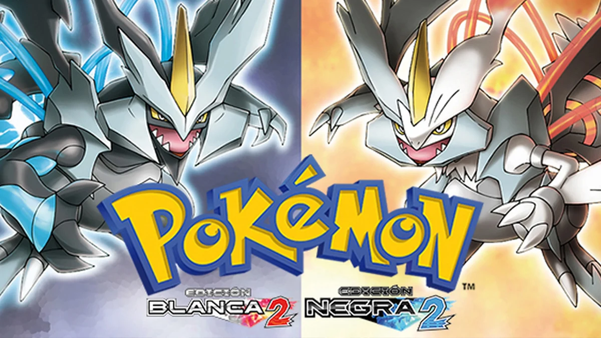 Kyurem Negro y Kyurem Blanco junto al logotipo conjunto español de Pokémon Edición Blanca 2 y Edición Negra 2.