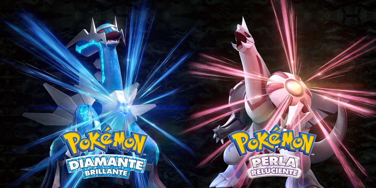 Dialga y Palkia con los logotipos en español de Pokémon Diamante Brillante y Pokémon Perla Reluciente.
