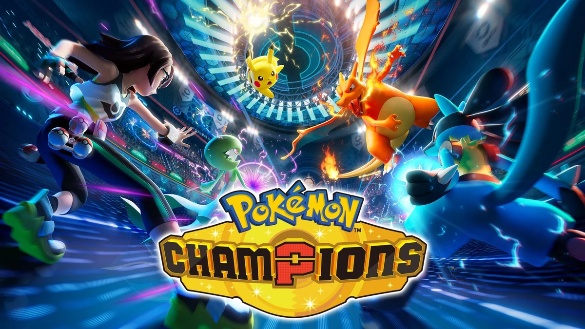 Ilustración oficial de Pokémon Champions con el logotipo centrado, un entrenador, Pikachu, Charizard, Gardevoir y Lucario en un estadio.
