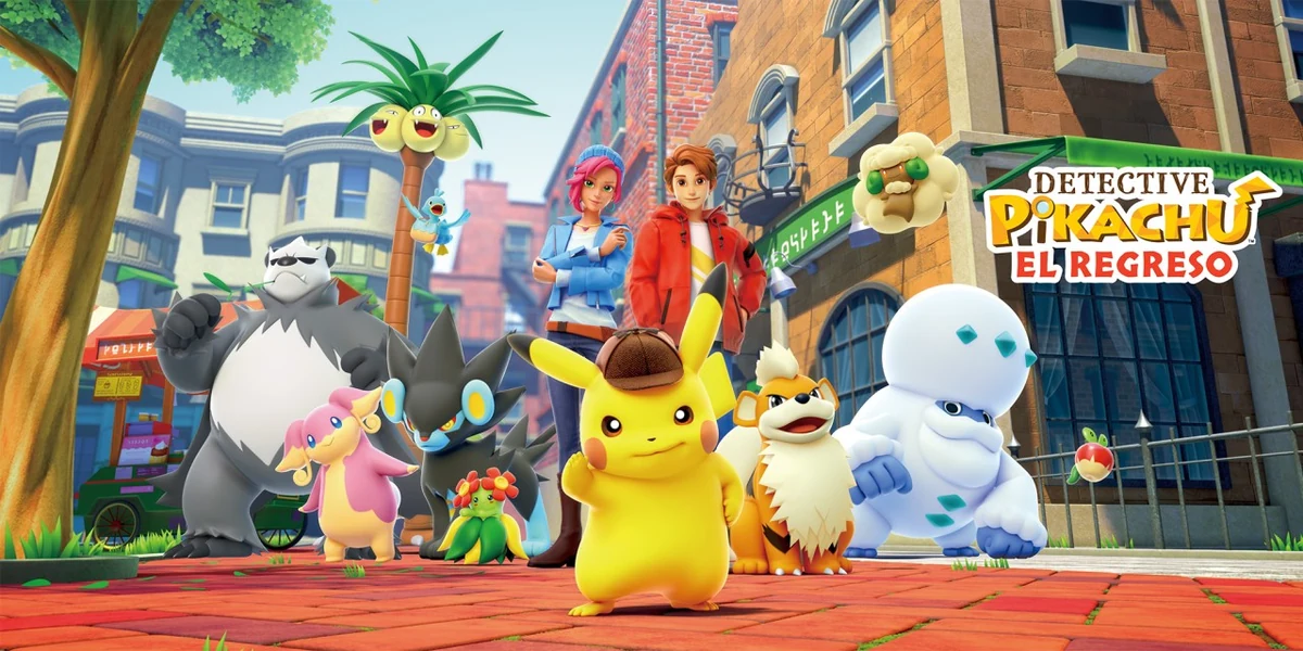 Detective Pikachu, Tim Goodman y otros personajes de Ryme City junto al logotipo español de Detective Pikachu: El regreso.