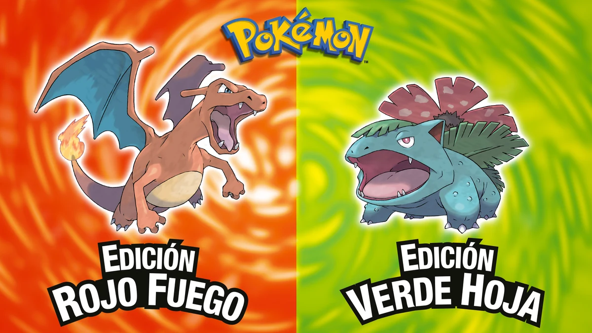 Charizard y Venusaur con los logotipos españoles de Pokémon Edición Rojo Fuego y Edición Verde Hoja sobre fondos naranja y verde.