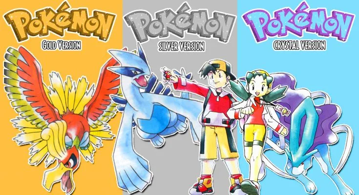 Montaje de Pokémon Oro, Plata y Cristal con Ho-Oh, Lugia, Suicune y sus protagonistas.