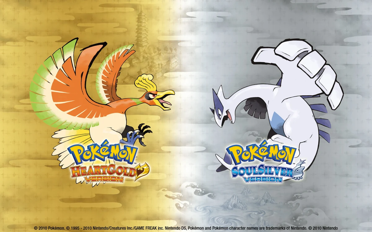 Ho-Oh y Lugia con los logotipos de Pokémon HeartGold y SoulSilver sobre fondos dorado y plateado.