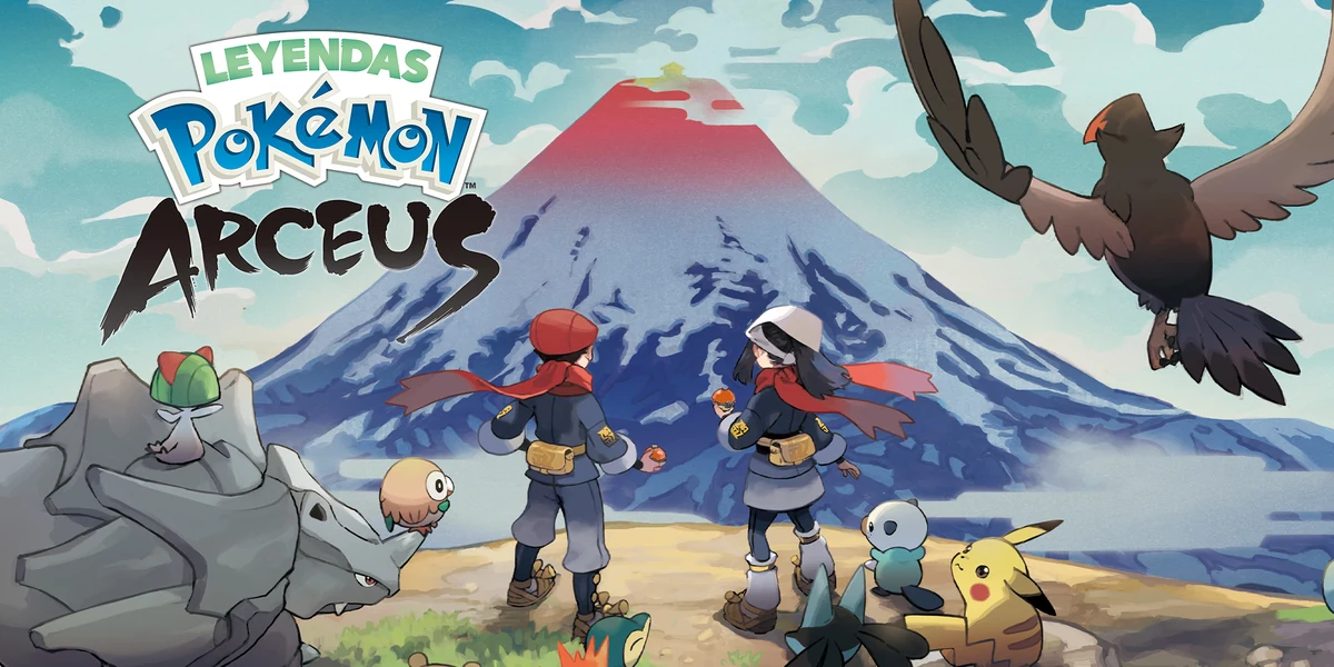 Logotipo español de Leyendas Pokémon: Arceus junto a los protagonistas y varios Pokémon que contemplan el Monte Corona en Hisui.