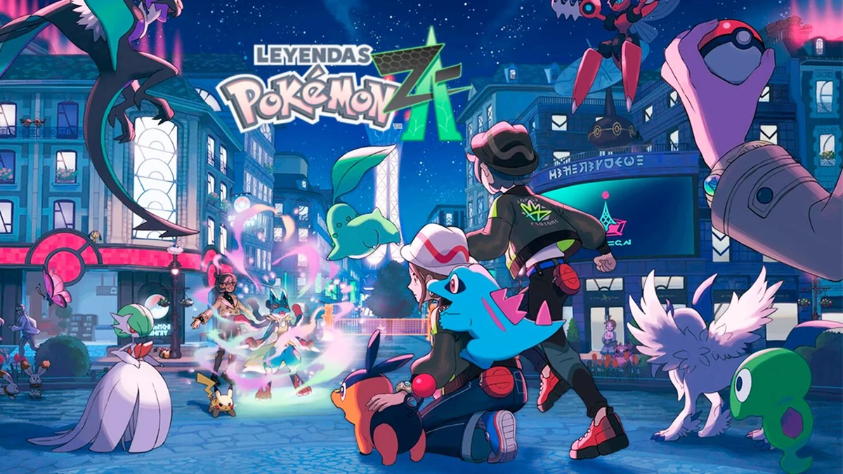 Arte de lanzamiento de Leyendas Pokémon: Z-A con su logotipo en español, entrenadores y Pokémon durante un combate nocturno en Ciudad Luminalia.