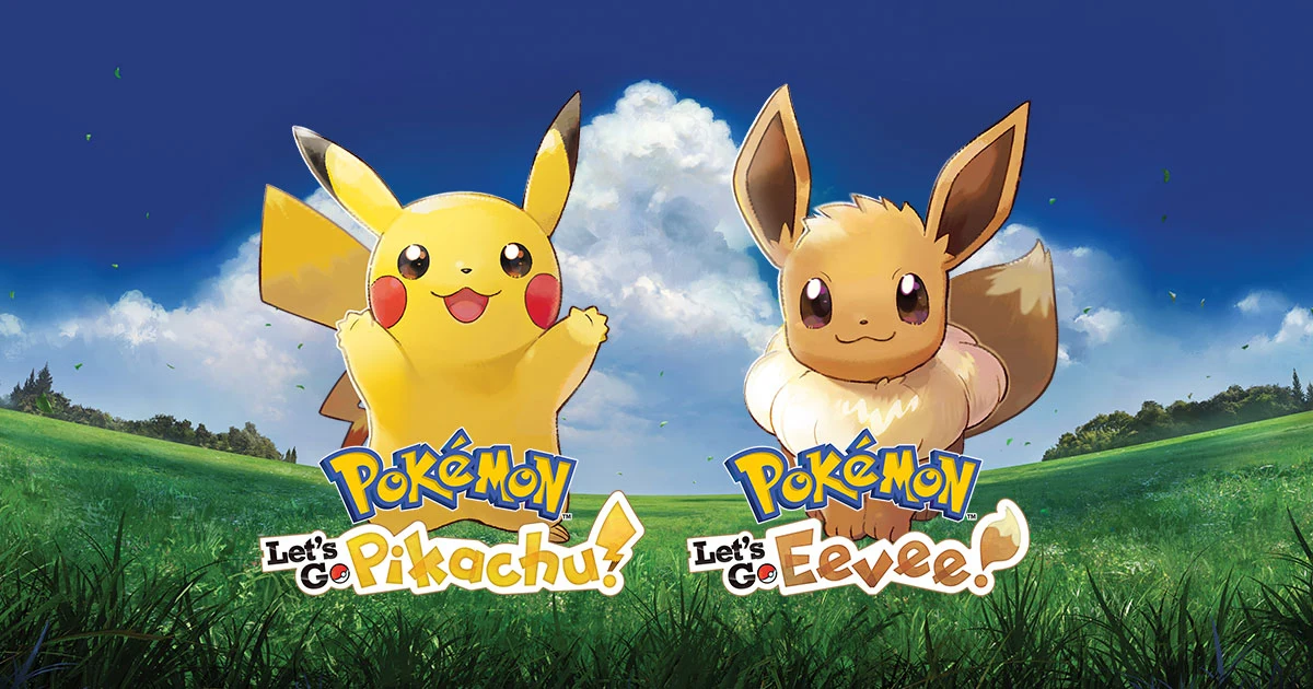 Pikachu y Eevee juntos en un prado con los logotipos de sus dos juegos Pokémon Let’s Go.