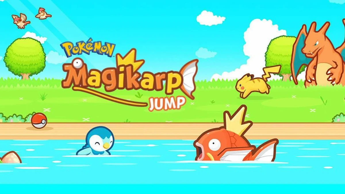 Magikarp y Piplup en el estanque, con Pikachu, Charizard y el logotipo estadounidense de Pokémon: Magikarp Jump.