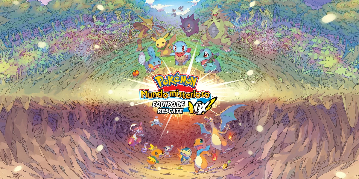 Ilustración oficial de Pokémon Mundo misterioso: equipo de rescate DX con el logotipo español y equipos de Pokémon explorando un bosque y una cueva.