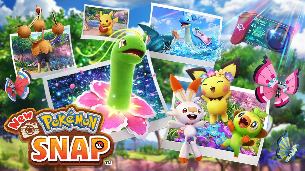 Ilustración oficial de New Pokémon Snap con el logotipo, Meganium y fotografías de Pokémon como Pikachu, Lapras, Scorbunny y Grookey.