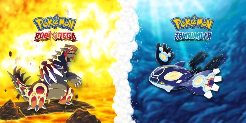 Groudon Primigenio y Kyogre Primigenio con los logotipos españoles de Pokémon Rubí Omega y Zafiro Alfa.