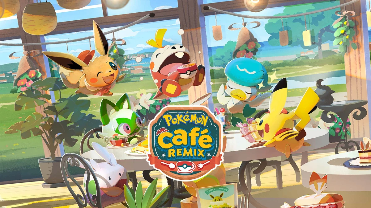 Ilustración oficial de Pokémon Café ReMix con su logotipo y Pikachu, Eevee, Sprigatito, Fuecoco y Quaxly compartiendo dulces y bebidas en una cafetería.