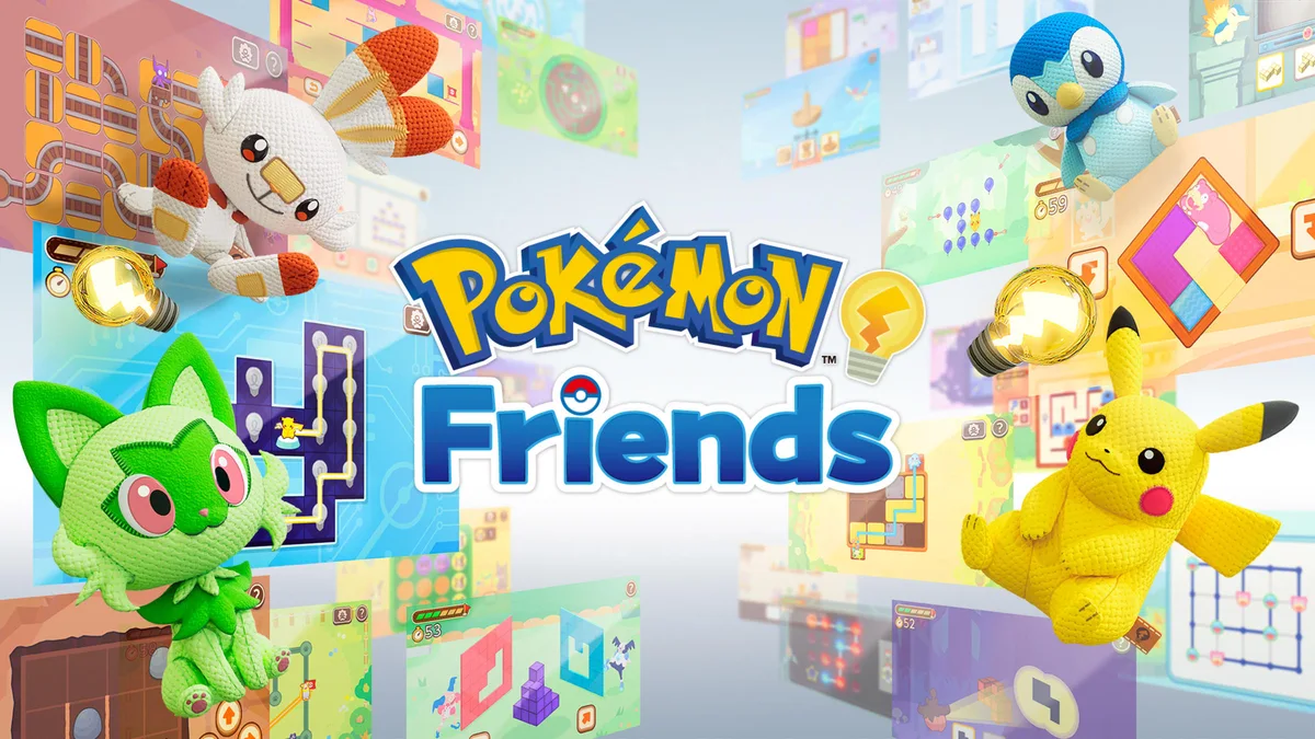 Pikachu, Sprigatito, Scorbunny y Piplup de peluche rodean el logotipo de Pokémon Friends, con sus puzles al fondo.