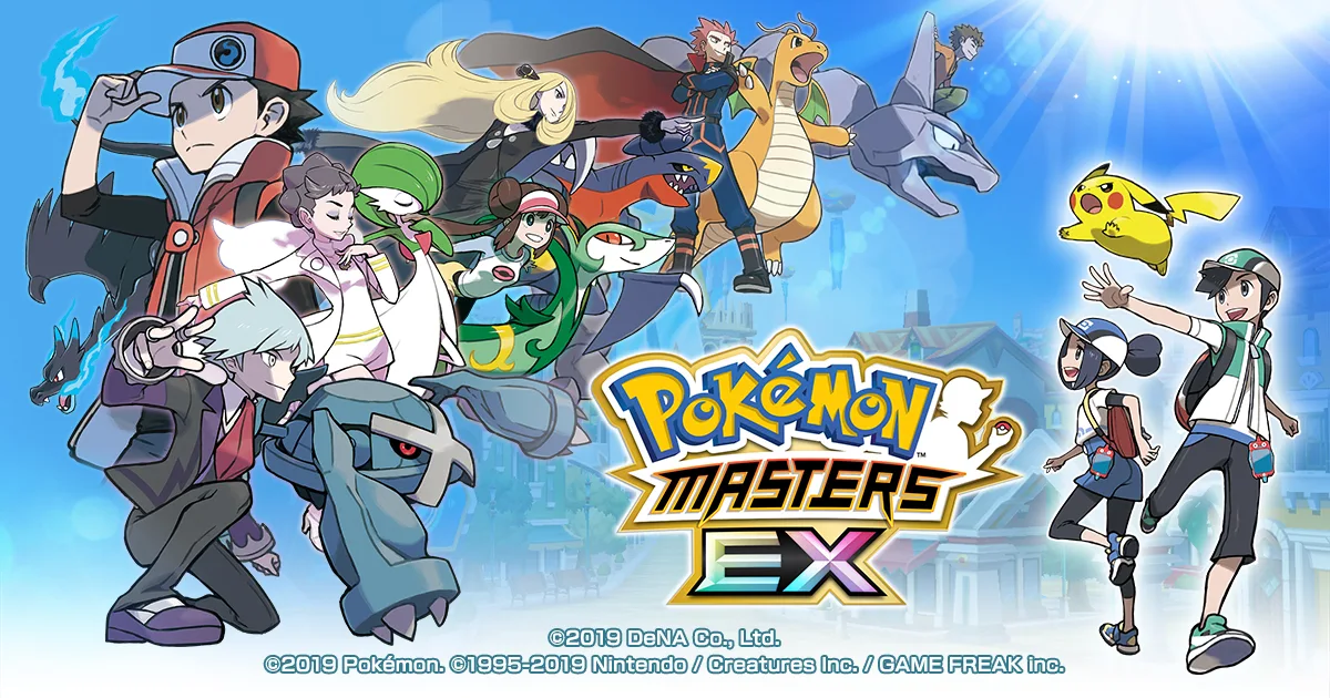 Entrenadores y Pokémon de varias regiones con el logotipo de Pokémon Masters EX.
