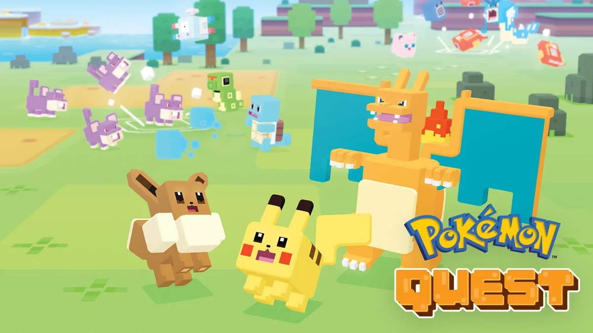 Pikachu, Eevee, Charizard y otros Pokémon cúbicos en Pokémon Quest.