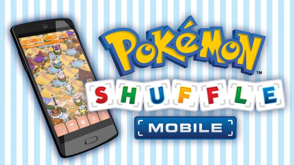 Logotipo de Pokémon Shuffle Mobile junto a un teléfono que muestra el mapa de fases del juego.