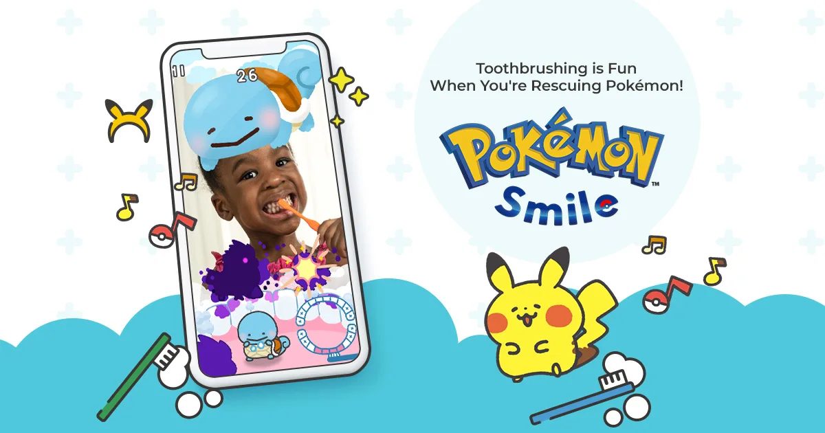 Un niño usa Pokémon Smile mientras se cepilla los dientes, acompañado por Pikachu.