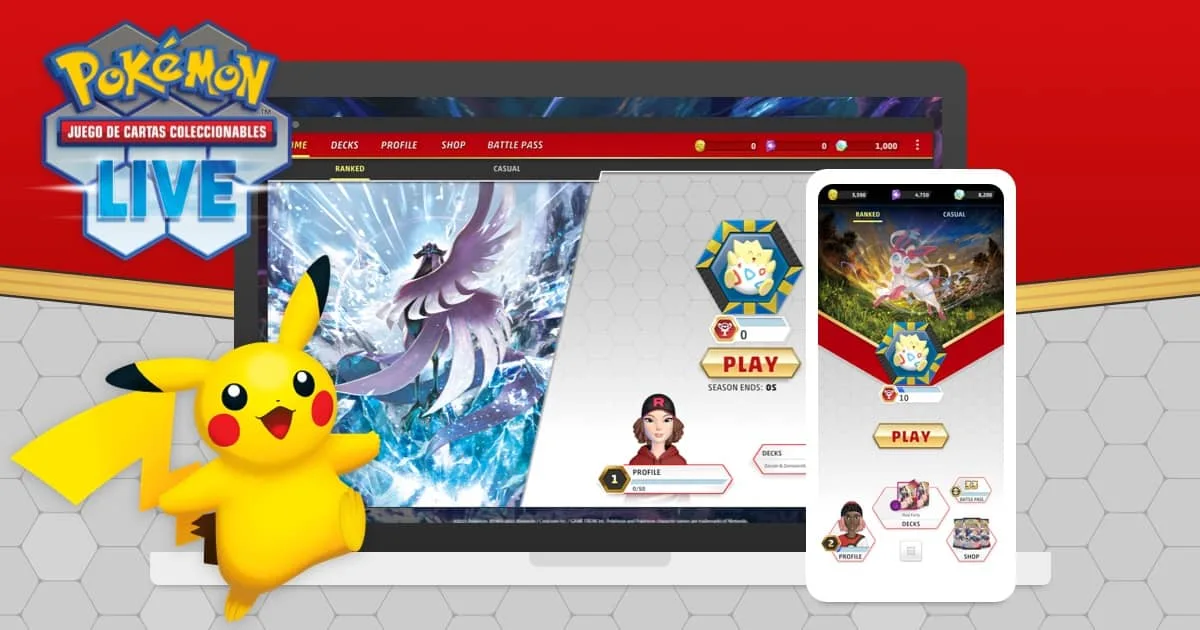 Logotipo de JCC Pokémon Live en español junto a Pikachu y las interfaces de ordenador y móvil.