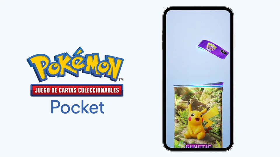 Logotipo de JCC Pokémon Pocket junto a la apertura de un sobre de Pikachu en un teléfono.