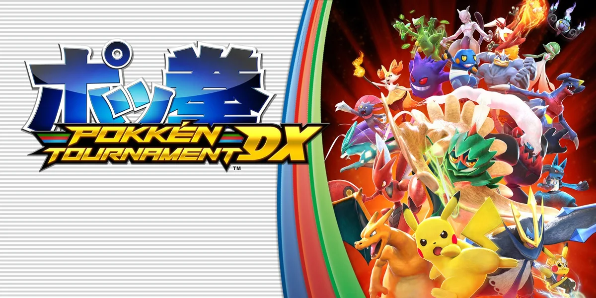 Pikachu, Decidueye, Lucario y otros combatientes junto al logotipo de Pokkén Tournament DX.