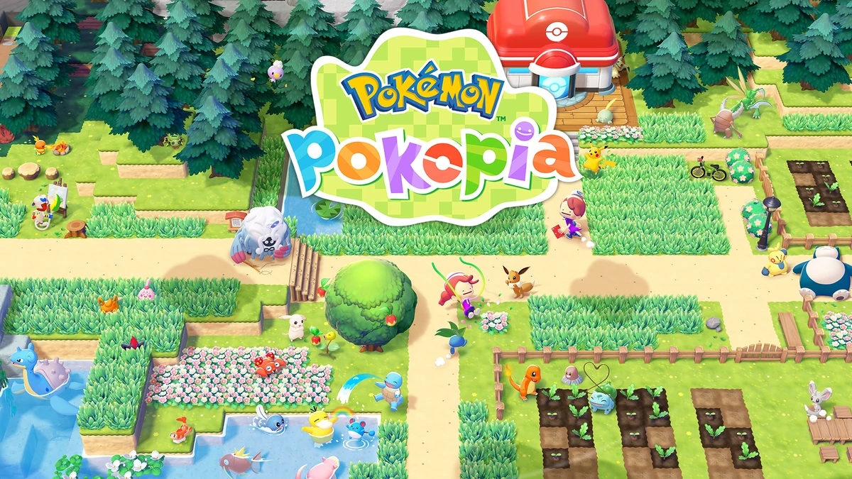 Ilustración oficial de Pokémon Pokopia con su logotipo sobre una aldea verde donde Ditto y numerosos Pokémon cuidan jardines y estanques.
