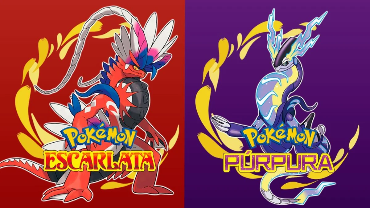 Koraidon y Miraidon con los logotipos en español de Pokémon Escarlata y Pokémon Púrpura sobre fondos rojo y violeta.