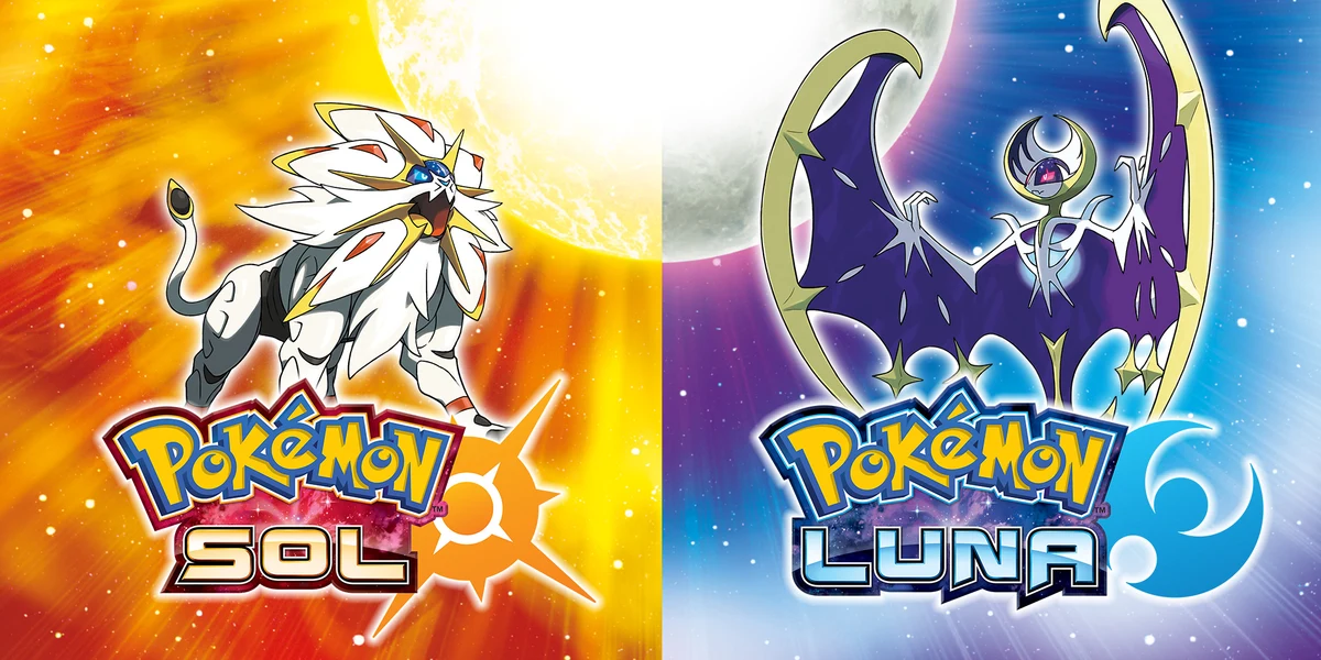 Solgaleo y Lunala bajo el sol y la luna, con los logotipos españoles de Pokémon Sol y Luna.
