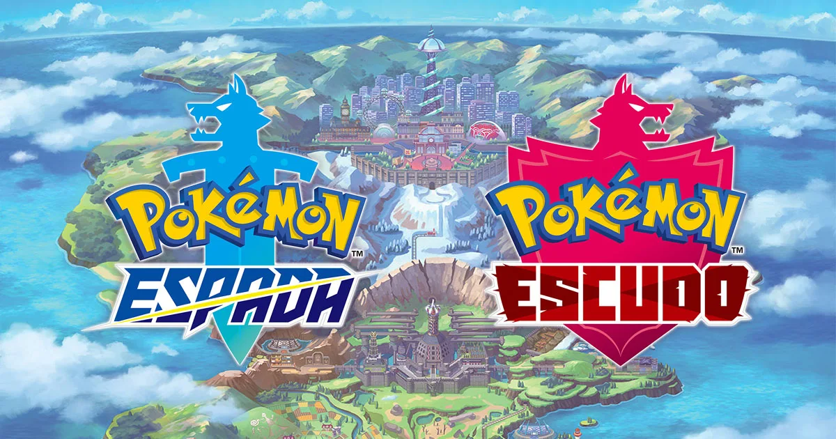 Logotipos de Pokémon Espada y Escudo sobre el mapa de Galar.