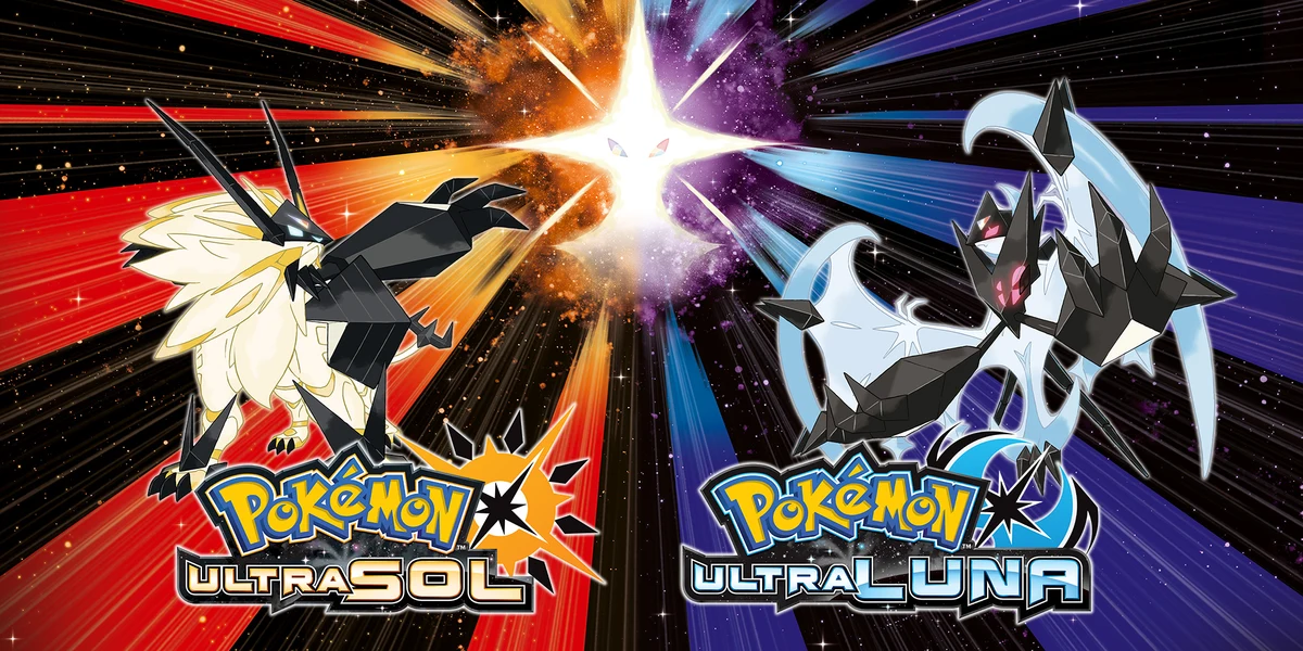Necrozma Melena Crepuscular y Necrozma Alas del Alba con los logotipos españoles de Pokémon Ultrasol y Ultraluna.