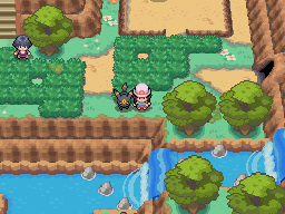 Personajes y un Pokémon junto a cascadas y árboles en Pokémon Rose Gold NDS