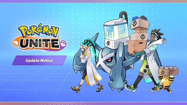 Ilustración de Pokémon UNITE con el rótulo Update Notice y personajes que transportan cajas