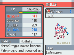 Pantalla de estadísticas de un Pokémon con tipo Hada visible en Pokémon Rose Gold NDS