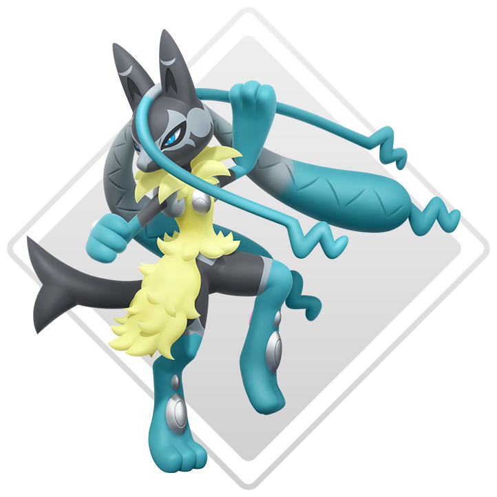 Ilustración oficial de Mega Lucario Z con su pelaje largo y cola en abanico
