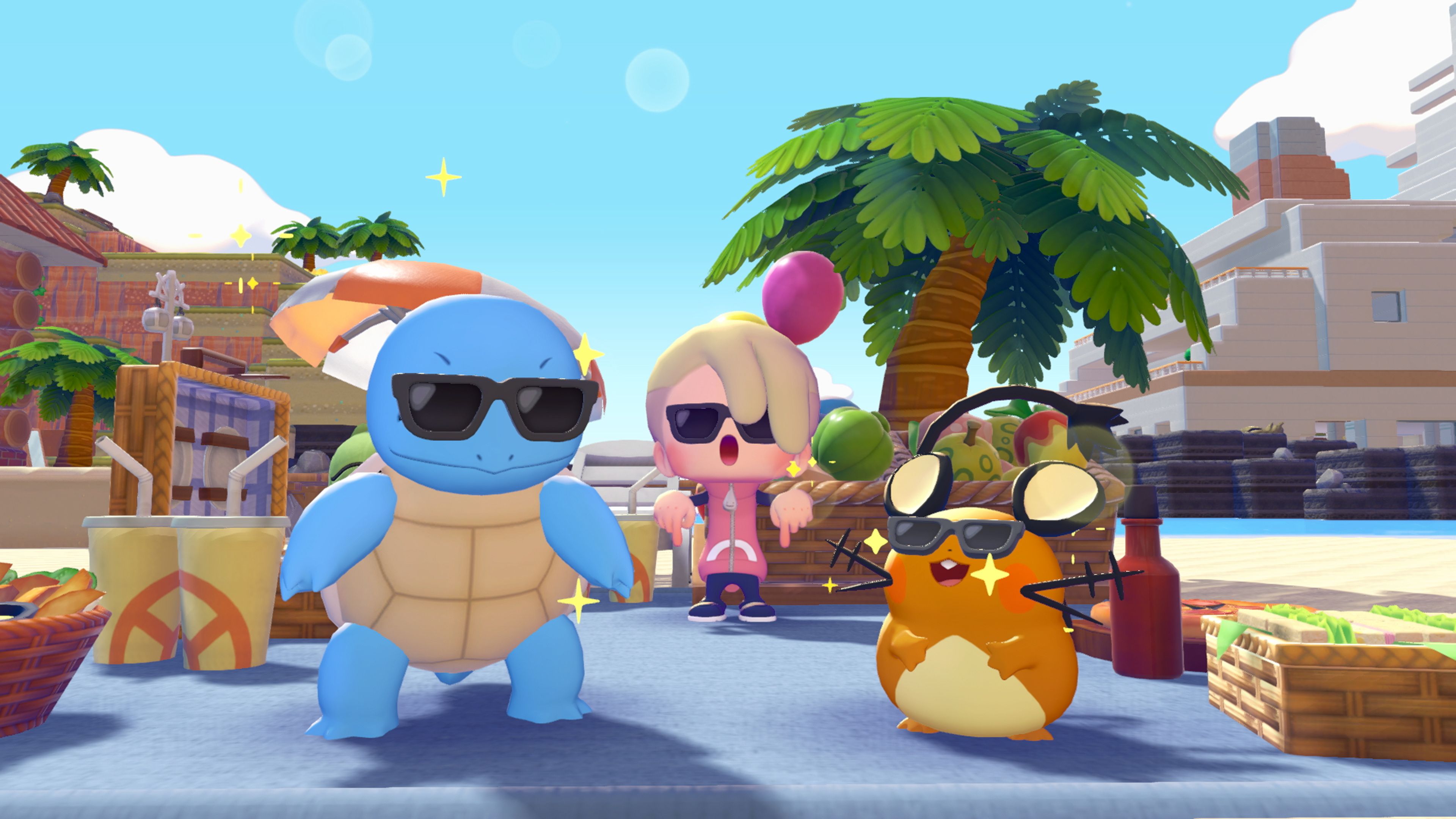 Squirtle y Pikachu con gafas de sol junto a Ditto en Pokopia