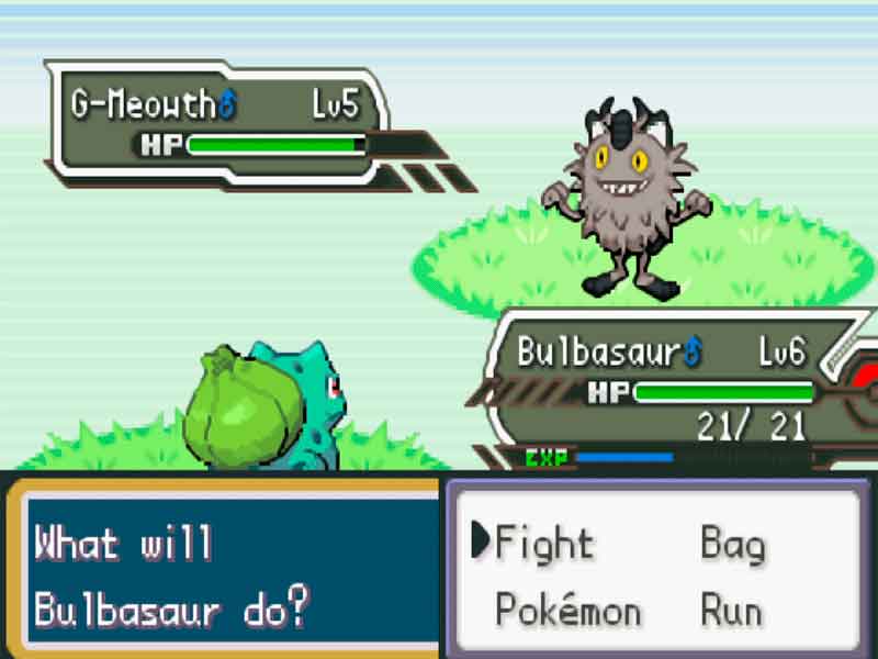 Combate entre Bulbasaur y un Meowth de Galar en Pokémon Metal Red