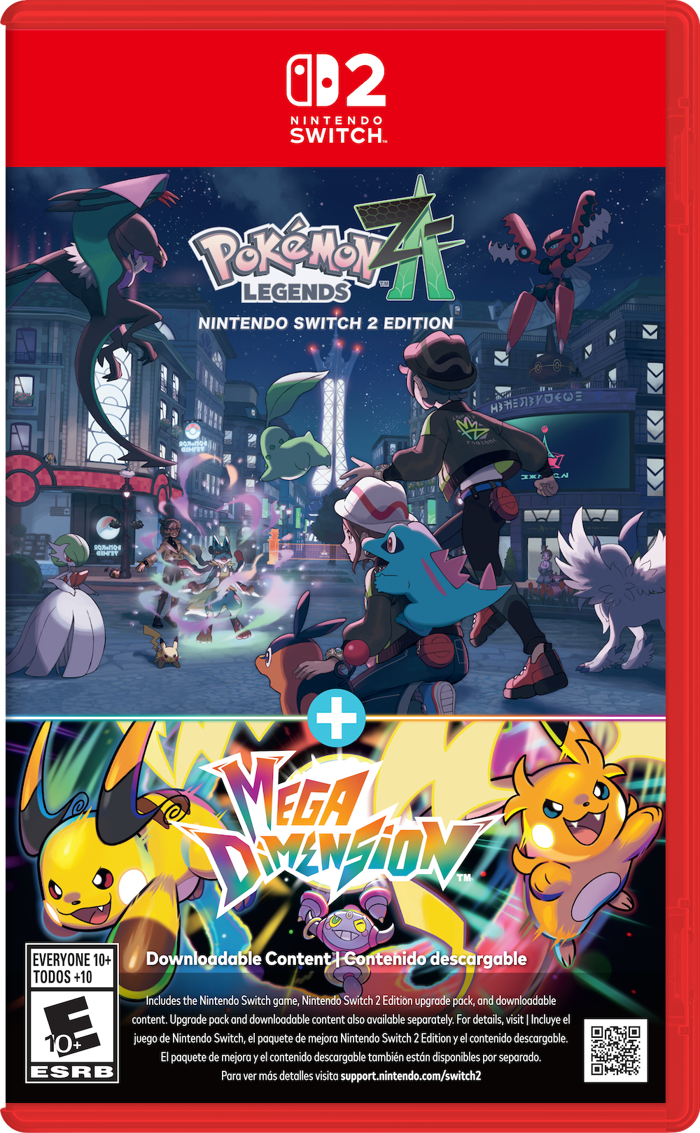 Caja física roja para Nintendo Switch 2 con Pokémon Legends: Z-A en la parte superior y Mega Dimension en la inferior.