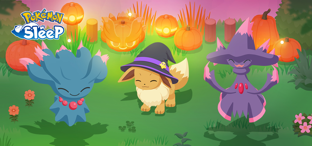 Misdreavus y Mismagius junto a Eevee con sombrero de Halloween en un campo decorado con calabazas