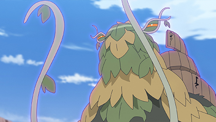 Fotograma del episodio 154 con un Pokémon de aspecto vegetal y enredaderas bajo el cielo de Paldea