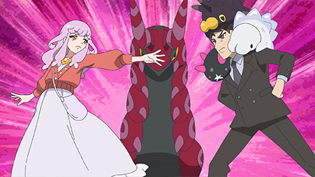 Dos personajes junto a un Steelix en una escena del episodio 149