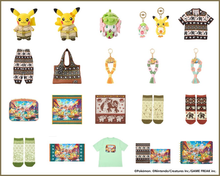 Selección de productos de Pokémon Center BANGKOK, incluidos peluches de Pikachu y artículos con diseños tailandeses