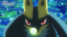 Lucario de Roy se prepara para combatir en el episodio 155 de Pokémon Horizons