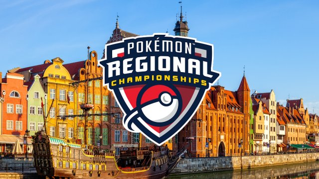 Vista de Gdańsk junto al emblema de los Pokémon Regional Championships