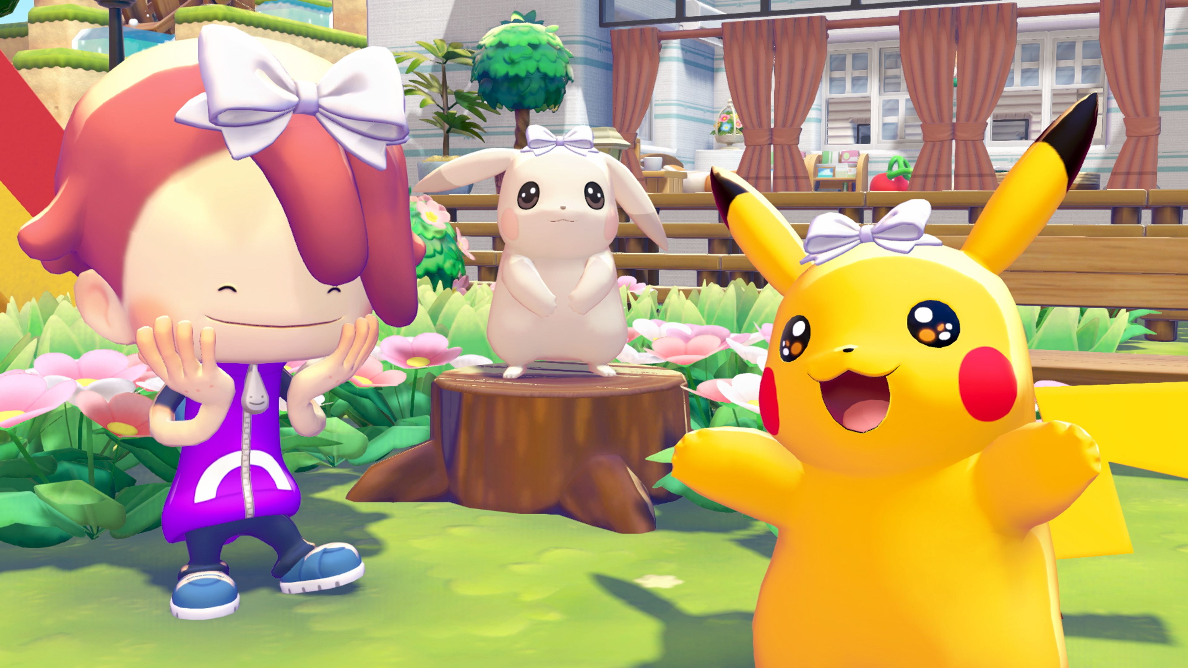 Ditto, Eevee y Pikachu con lazos en una captura de la Parte 2 de Pokopia