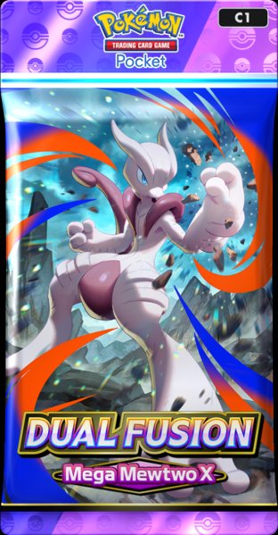 Ilustración del sobre Mega Mewtwo X de Dual Fusion para Pokémon TCG Pocket