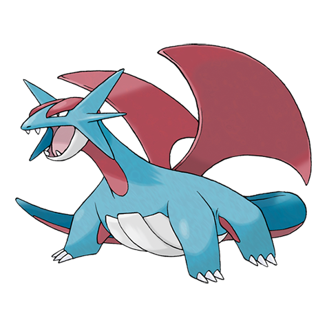 Ilustración oficial de Salamence, de tipo Dragón y Volador