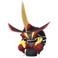 Kingambit, la evolución de Pawniard, con una gran cresta dorada y armadura roja y negra.