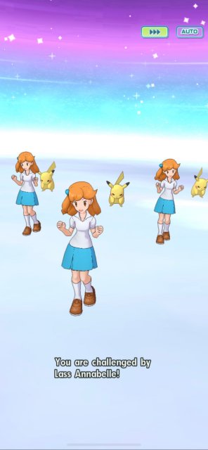 Entrenadoras y Pikachu durante la etapa Pika-Presents for Everyone! de Pokémon Masters EX