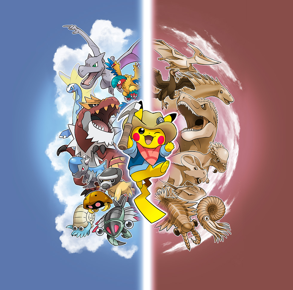 Ilustración que contrapone Pokémon fósiles con animales prehistóricos y muestra a Pikachu explorador en el centro
