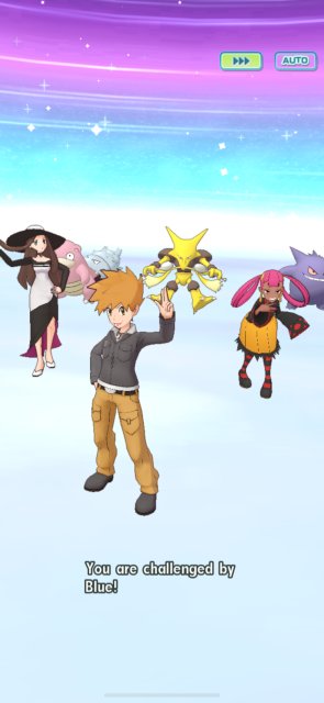 Pantalla del desafío de Blue con Slowbro, Alakazam y Gengar