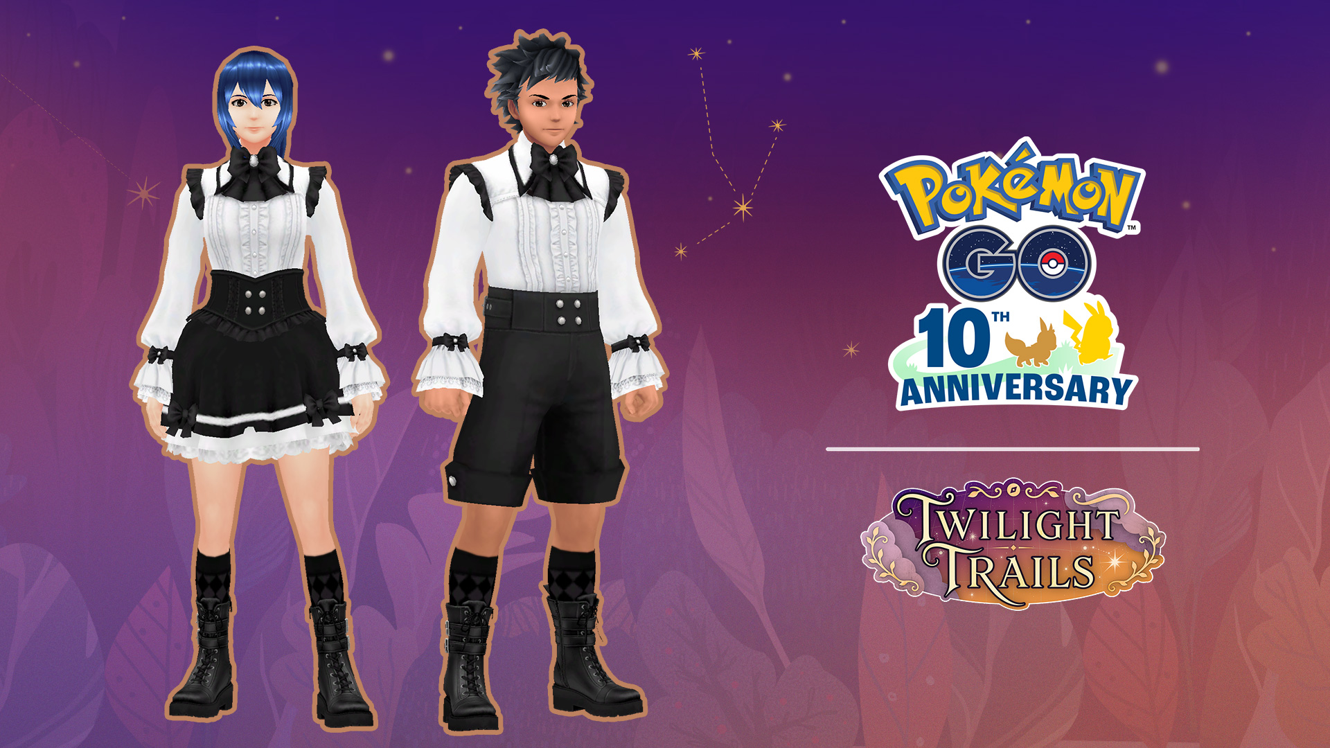 Dos avatares de Pokémon GO muestran conjuntos de ropa gótica con camisa blanca, prendas negras y botas.